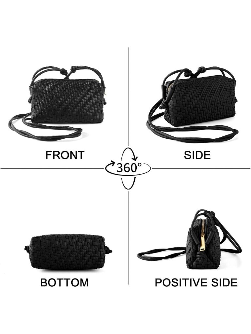 Women's Black Small Woven Vegan Leather Zipper Imported Crossbody Bag - Picture 6 of 6
